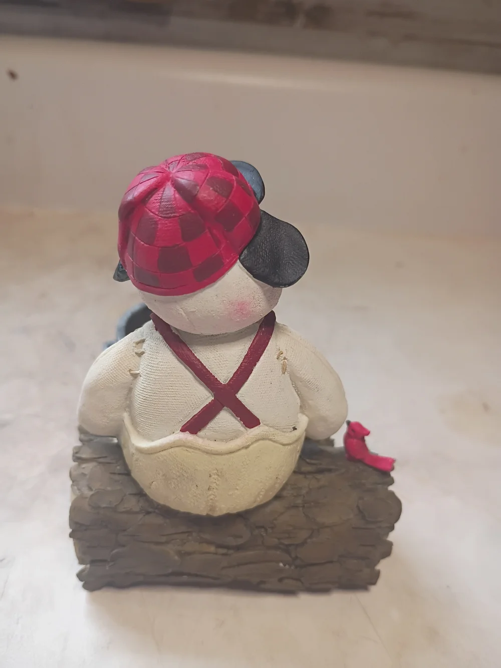 Vintage Hallmark Hunting Cap Snowman Sitting on a Log Tea Light Candle Holder